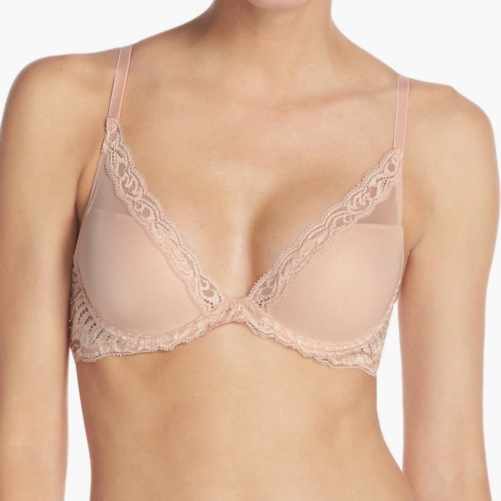 NWT Natori Feathers plunge bra 32C cameo rose